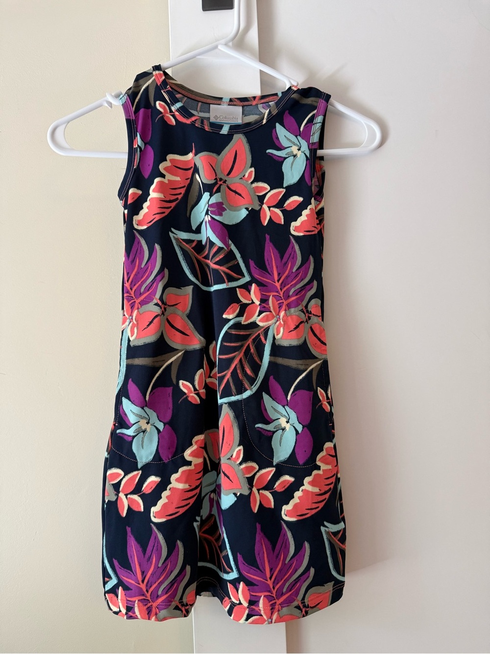 Columbia Navy Floral Sleeveless Dress with Coral & Purple Accents